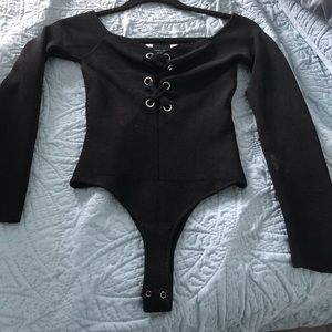 Sexy black body suit wear on or off shoulder
